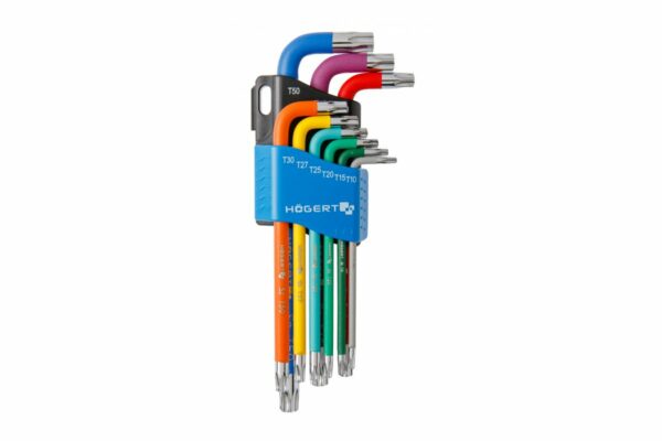 HOEGERT Набор Г-образных ключей TORX с цветной маркировкой, Т10-Т50, 9 шт.