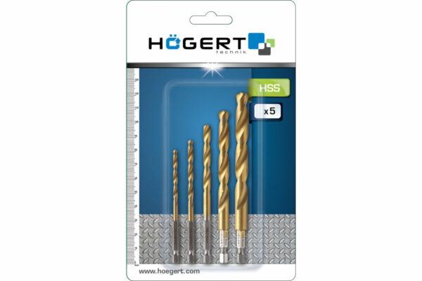 HOEGERT Набор сверл по металлу с шестигранным хвостовиком 1/4'', набор 4, 5, 6, 8, 10 мм, сталь HSS — изображение 2