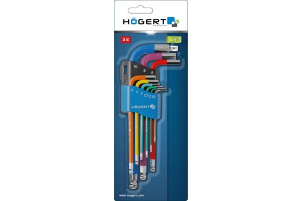 HOEGERT Набор шестигранных ключей удлиненных, Г-образных с шаровым наконечником и цветовой маркировкой 1,5-10 мм. CrV, 9 шт. — изображение 2