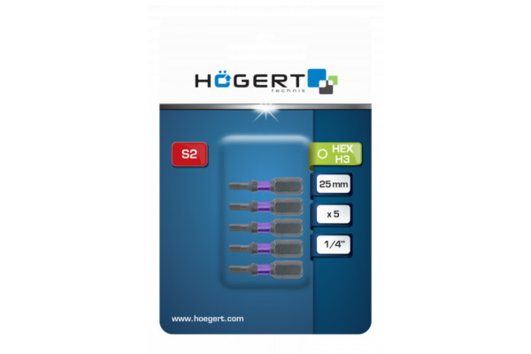 HOEGERT Биты ударные HEX 4, 25 мм, сталь S2,  5 шт. — изображение 2
