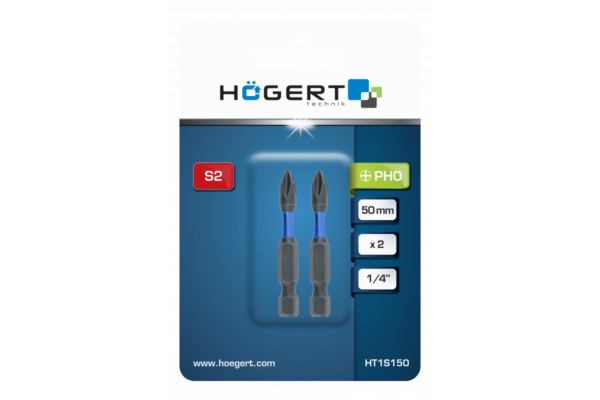HOEGERT Биты ударные PH2, 50 мм, сталь S2, 2 шт. — изображение 2