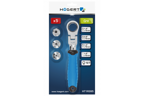 HOEGERT Ключ с трещоткой и шарниром, со сменными адаптерами 5 шт. — изображение 4