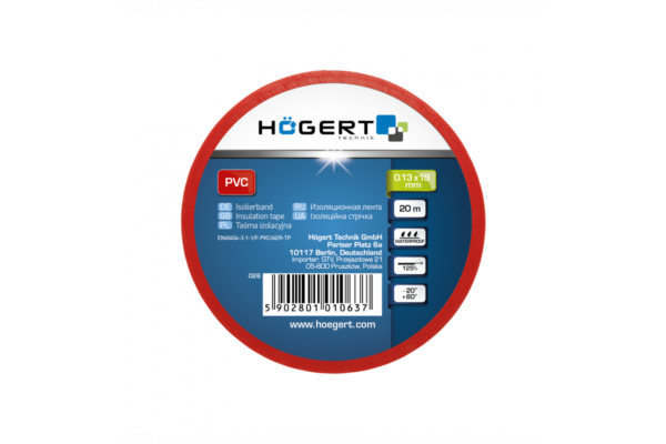 HOEGERT Изоляционная лента 0,13x19мм x 20м, красная — изображение 2