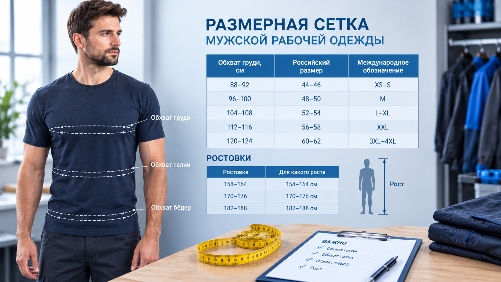 Размеры спецодежды: таблица мужской рабочей одежды